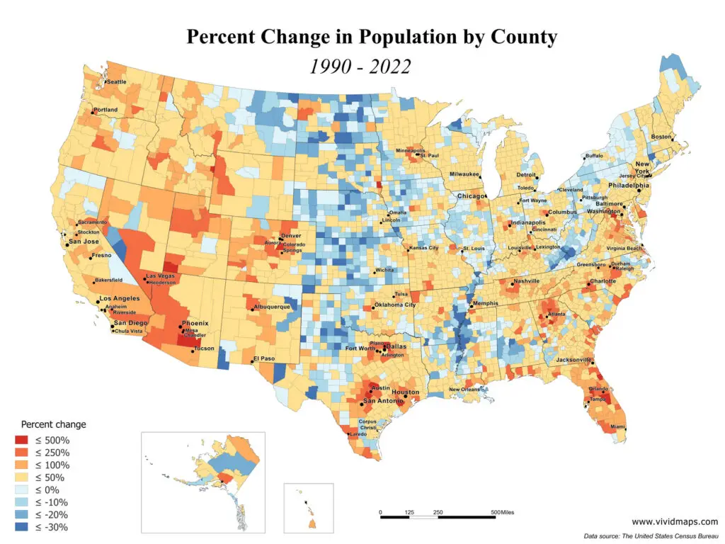 A color-coded map of the United States displaying county-level population changes from 1990 to 2022. Shades of red represent population growth, with darker reds indicating higher growth rates. Shades of blue show population decline, with darker blues signifying steeper declines. The map reveals significant growth in the Sun Belt and urban areas, contrasted with population losses in many rural regions.