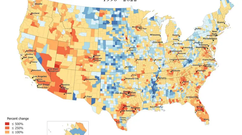 Population Change by American county mapped