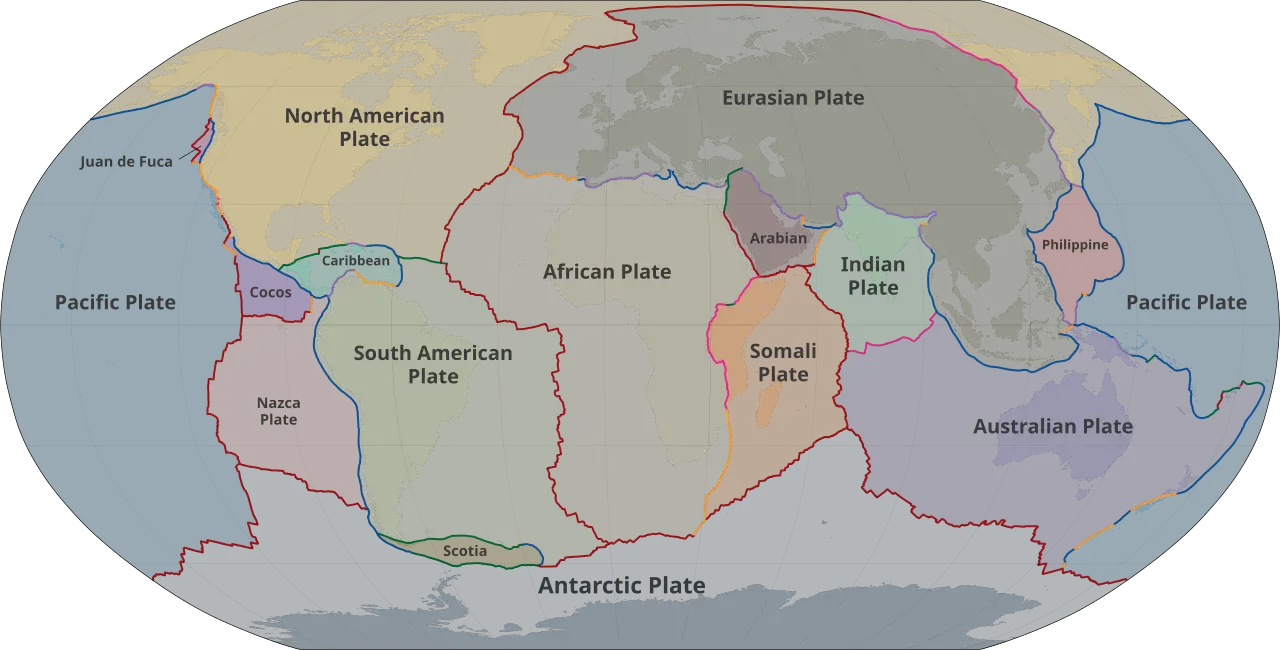 World map of tectonic plates