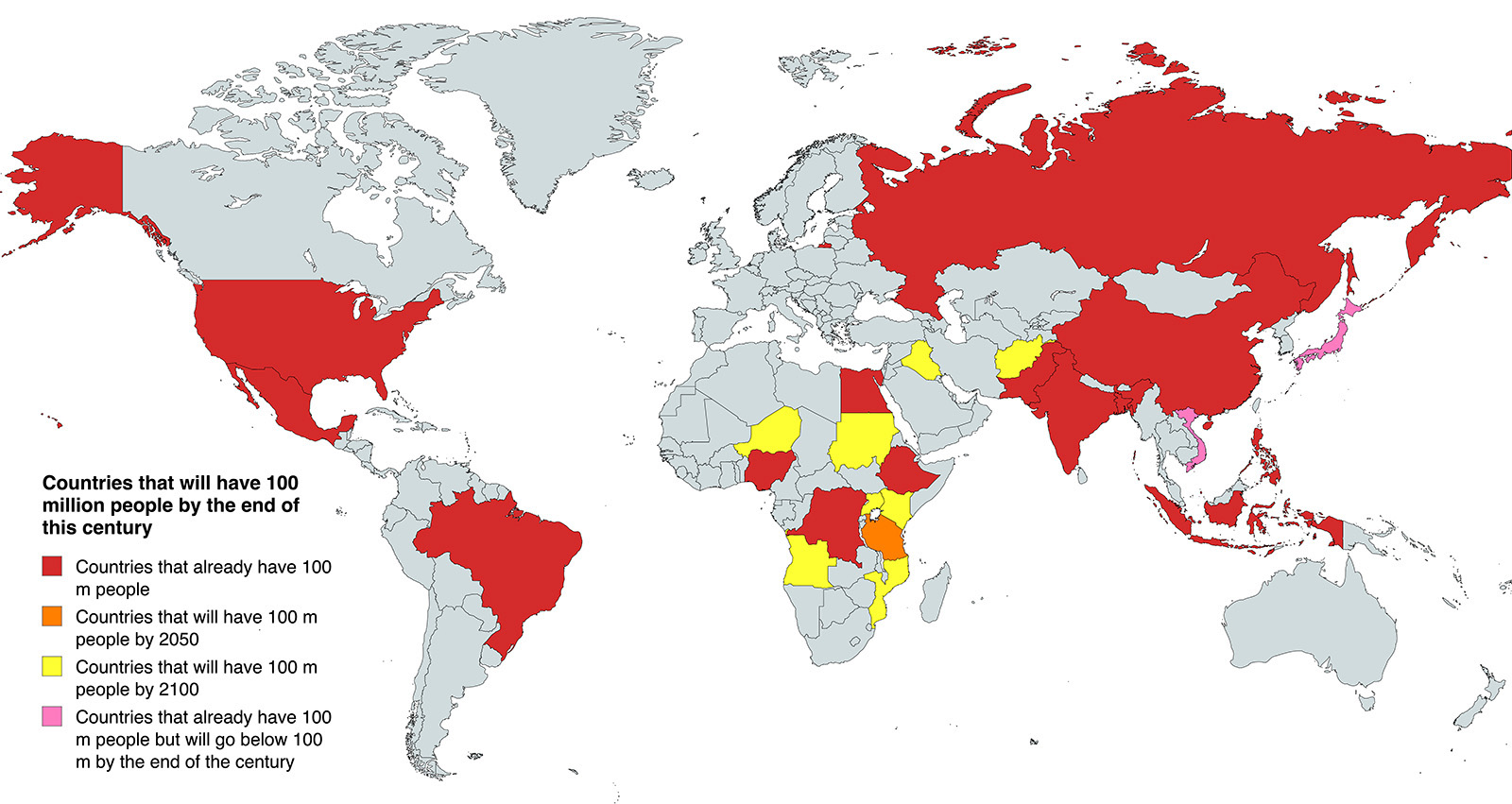 Countries that will have 100 million people by the end of this century