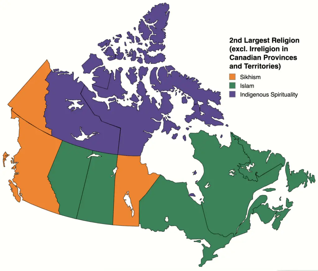 Second largest religions in Canada by Province