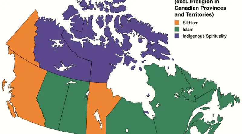 Second largest religions in Canada by Province