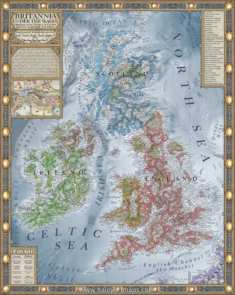 Map poster of the British Isles under the sea