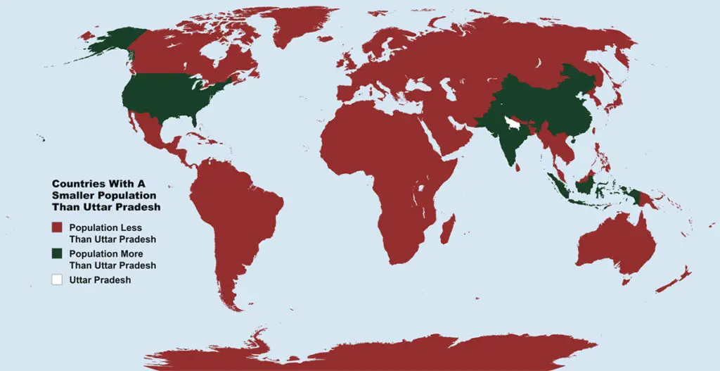 World map with the countries with a smaller population than Uttar Pradesh