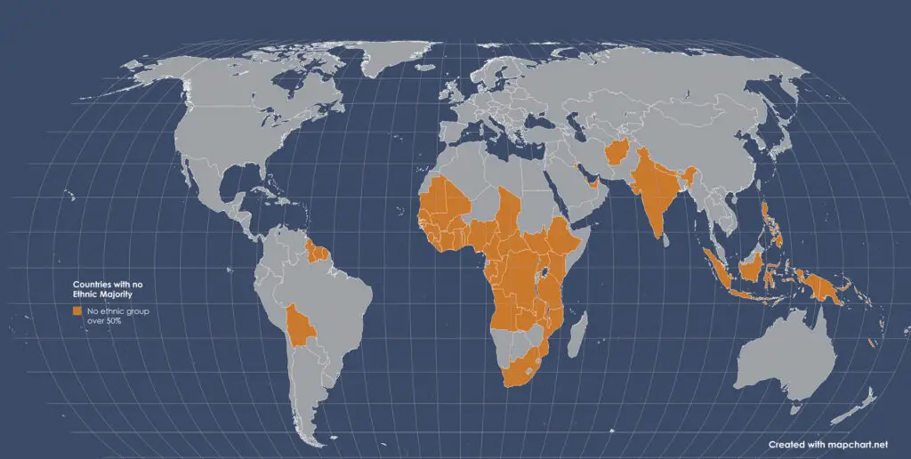 The world map of the countries with no ethnic majority