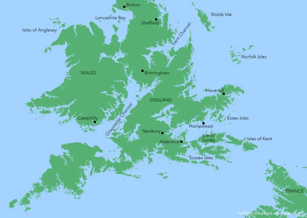 Southern England with a sea level rise of 70m