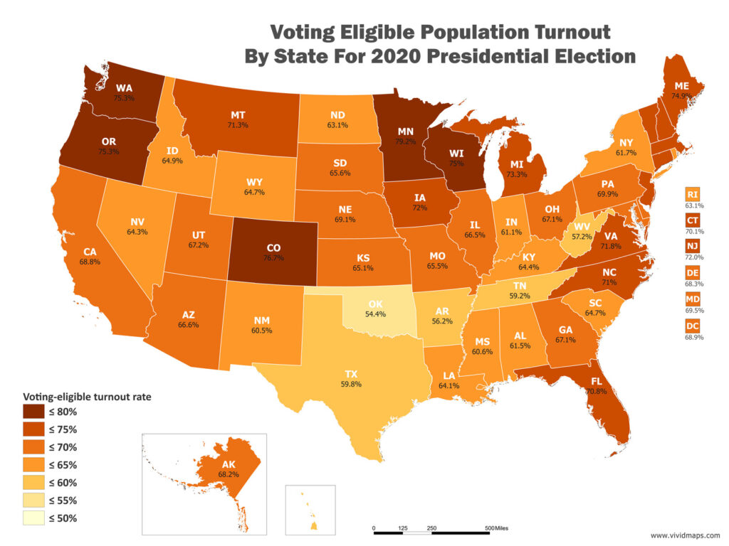 Voting Eligible Population Turnout by U.S. State for 2020 Presidential Election Mapped