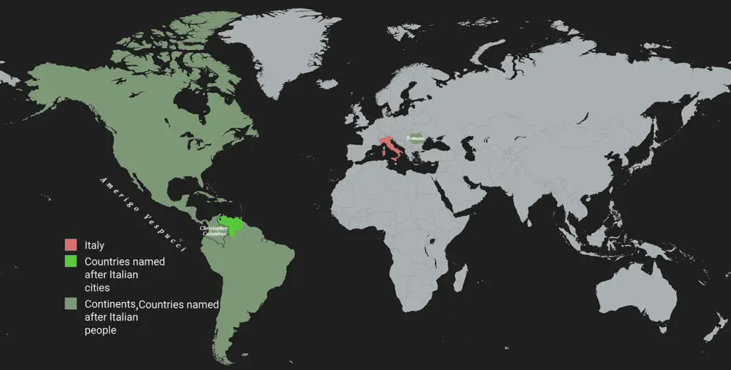 World map of countries named after Italian people