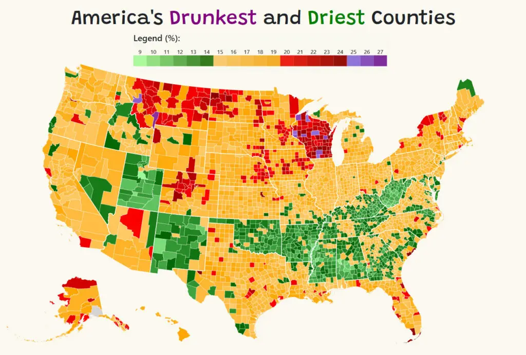 Map of the Drunkest an Driest US Counties