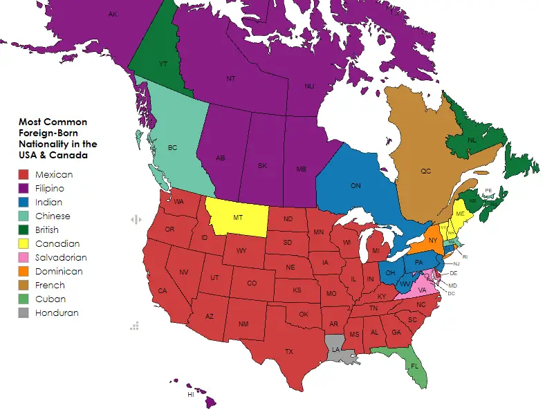 Foreign born nationality in the USA and Canada