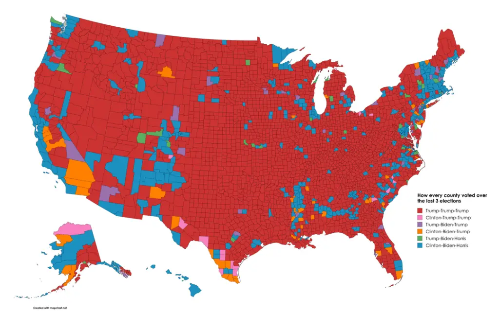 How every county voted over the last 3 elections mapped