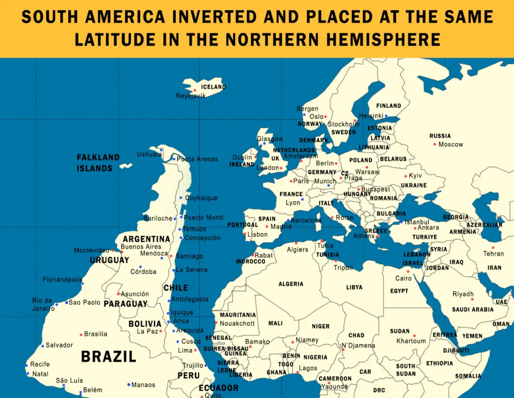 Comparing Europe, Africa and the Middle East with South America, if the latitude was inverted