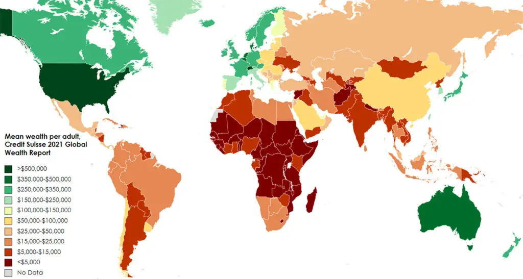 World map of mean wealth per adult by country