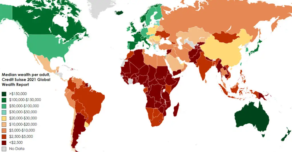 World map of median wealth per adult by country