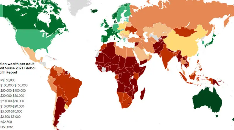 World map of median wealth per adult by country