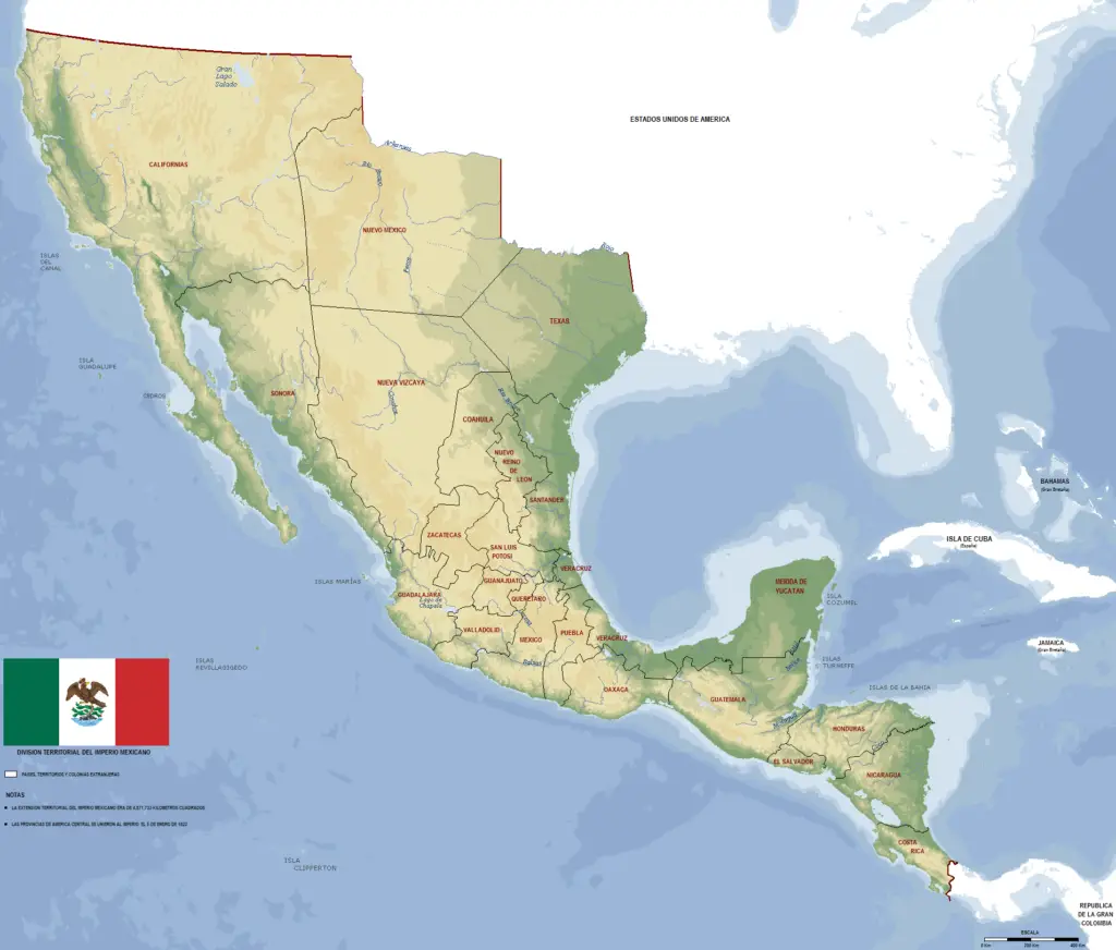 Map of The First Mexican Empire At Its Greatest Extent (1821-1823)