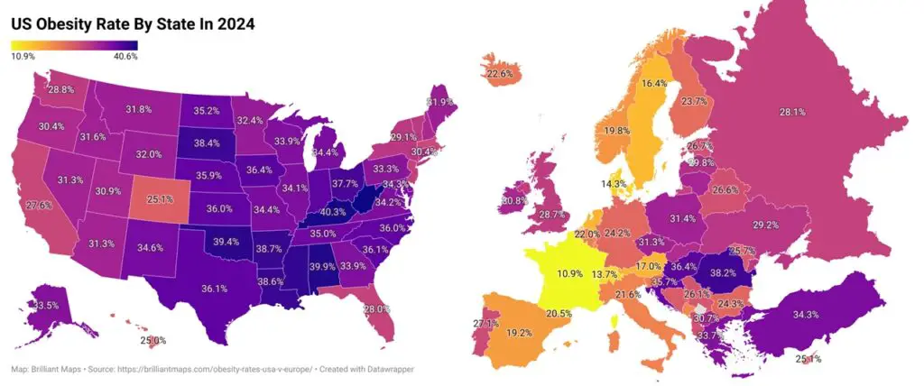 Maps of Obesity rate in the United States vs. Europe