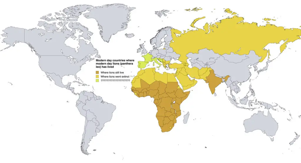 Modern day countries where modern day lions (panthera leo) has lived