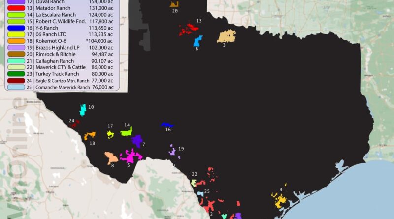 Map of the biggest ranches in Texas