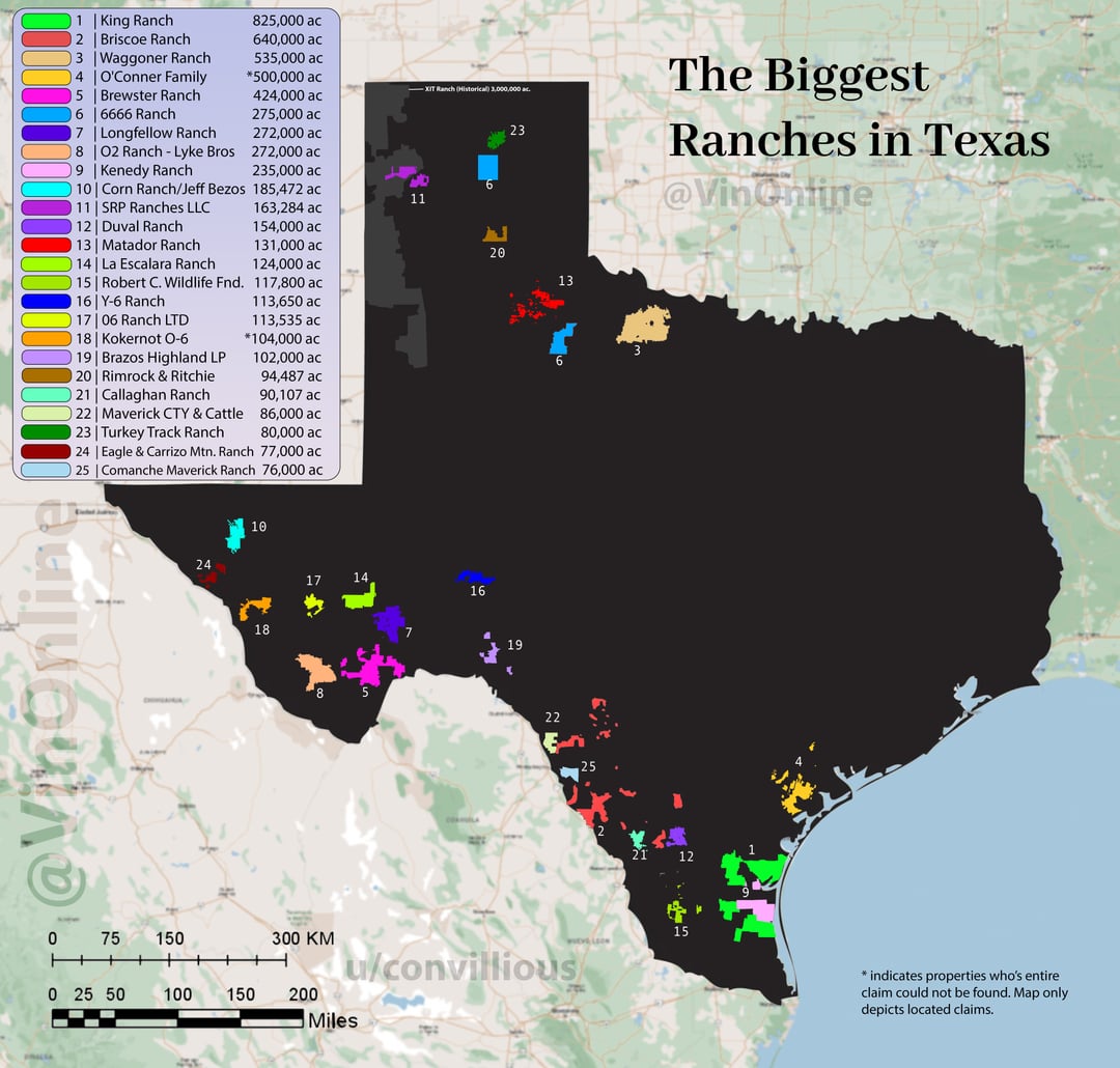 Map of the biggest ranches in Texas