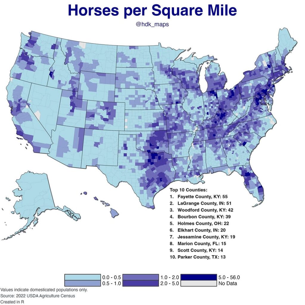 Horses per Square Mile by U.S. county mapped