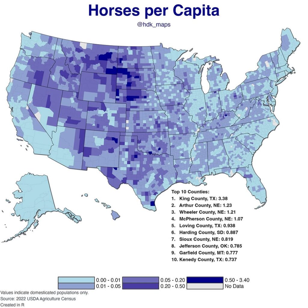 Horses per Capita by U.S. county mapped