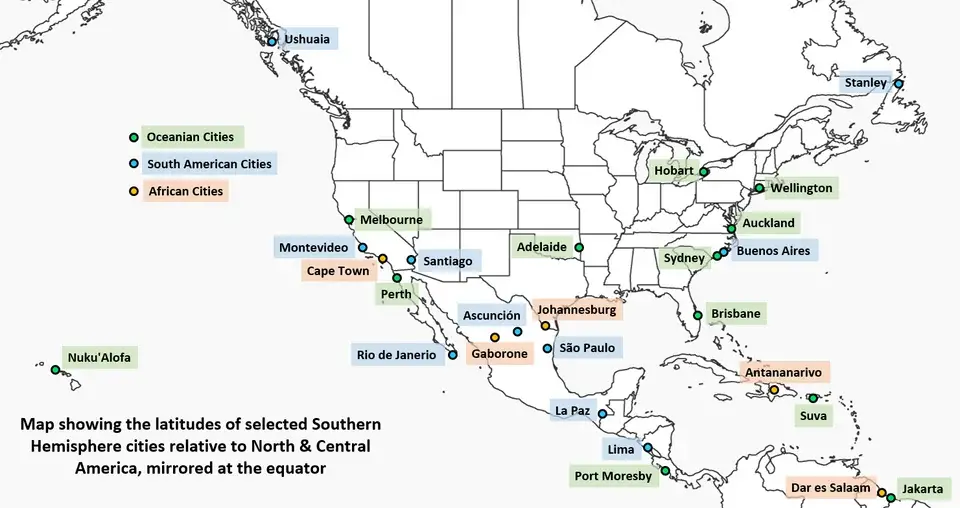 Mirrored latitude of Southern Hemisphere cities compared to North and Central America