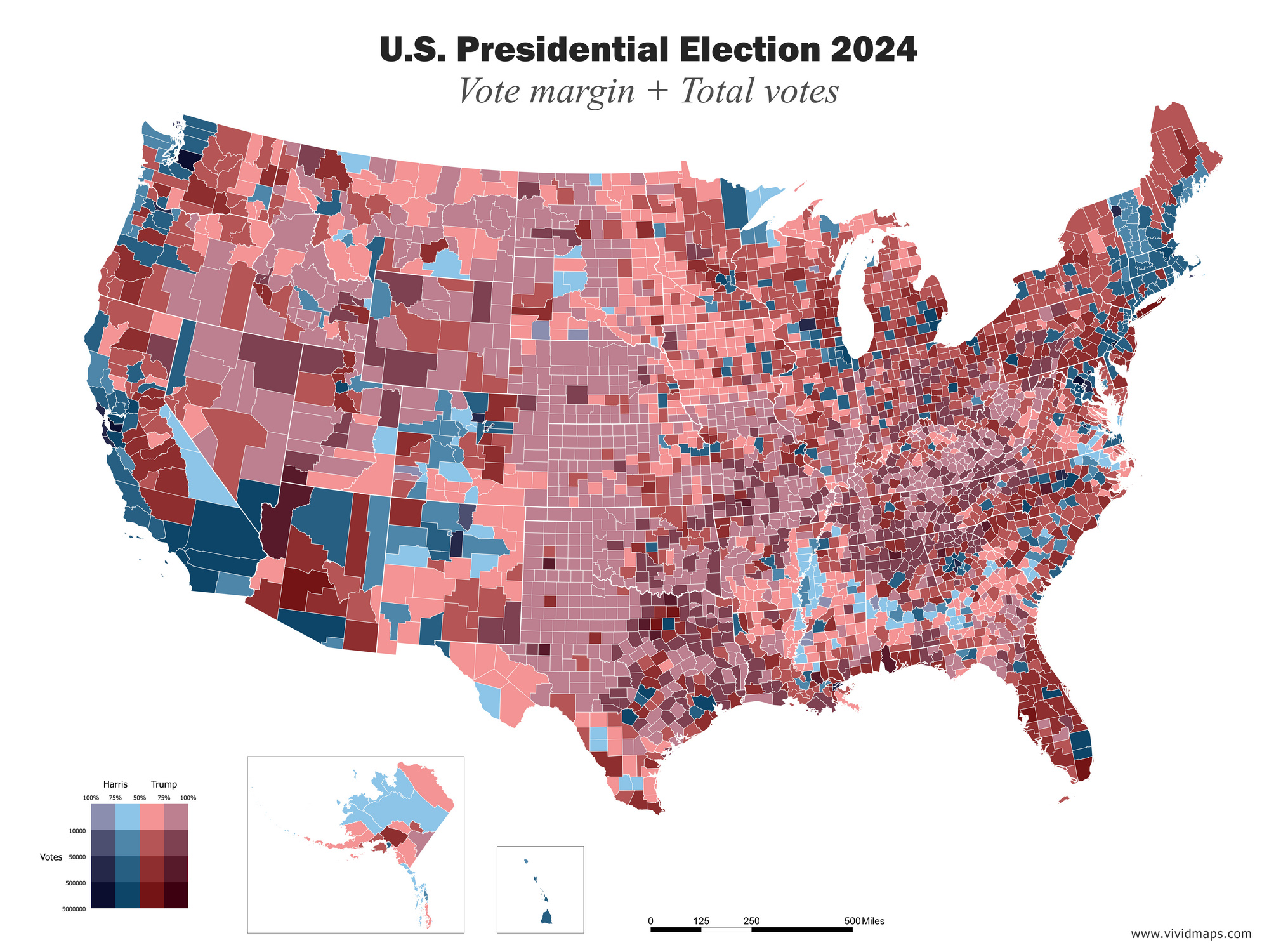 U.S. Presidential election 2024 (voter-margin + vote total) mapped