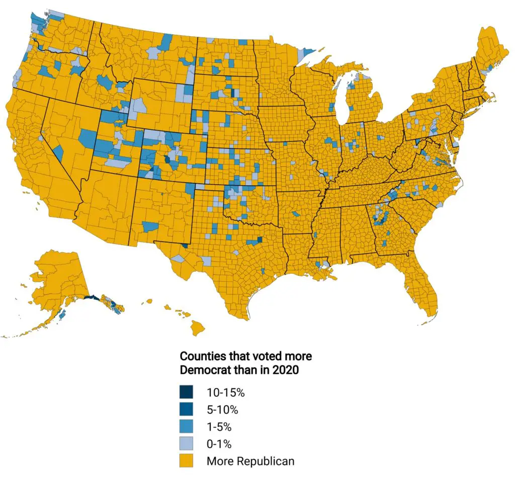 American Counties that voted more Democrat in 2024 than in 2020