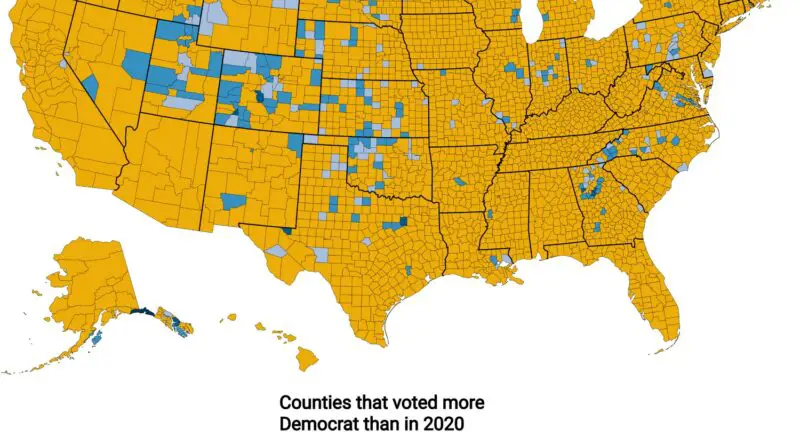 U.S. counties that voted more Democrat in 2024 than in 2020