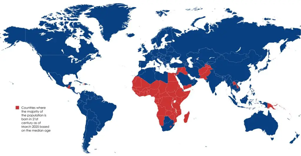 World map: Countries where majority of population is born in 21st century