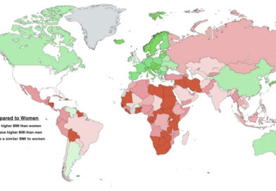 Difference between male and female BMI by country mapped