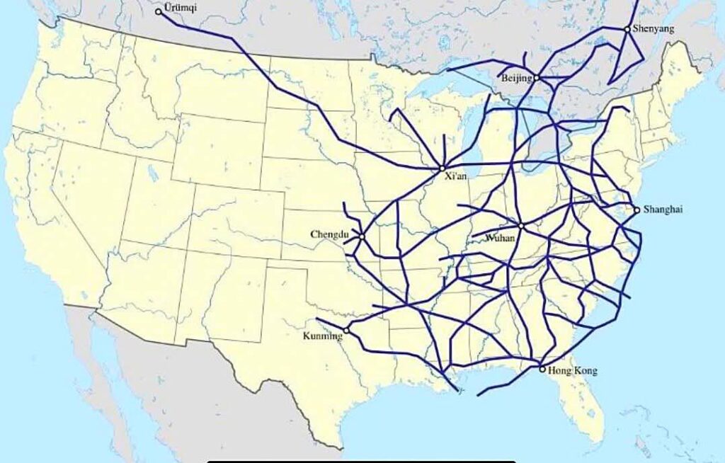China’s high-speed rail network overlaid on the U.S.