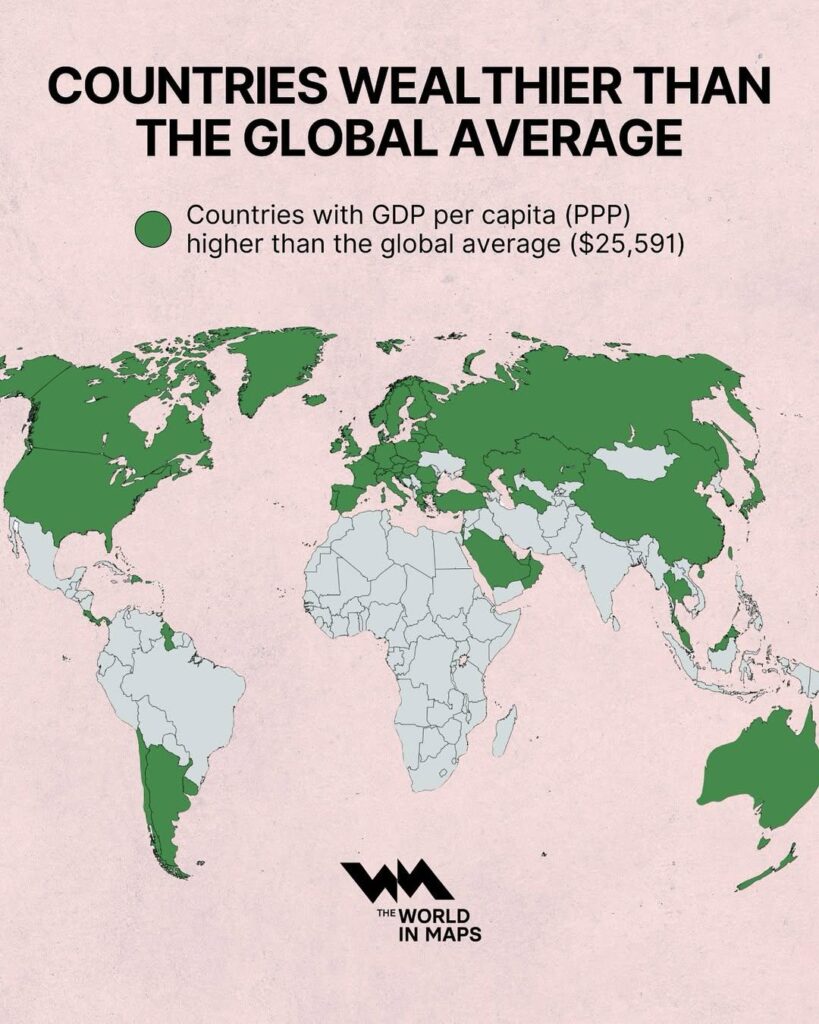 Countries wealthier than the global average mapped