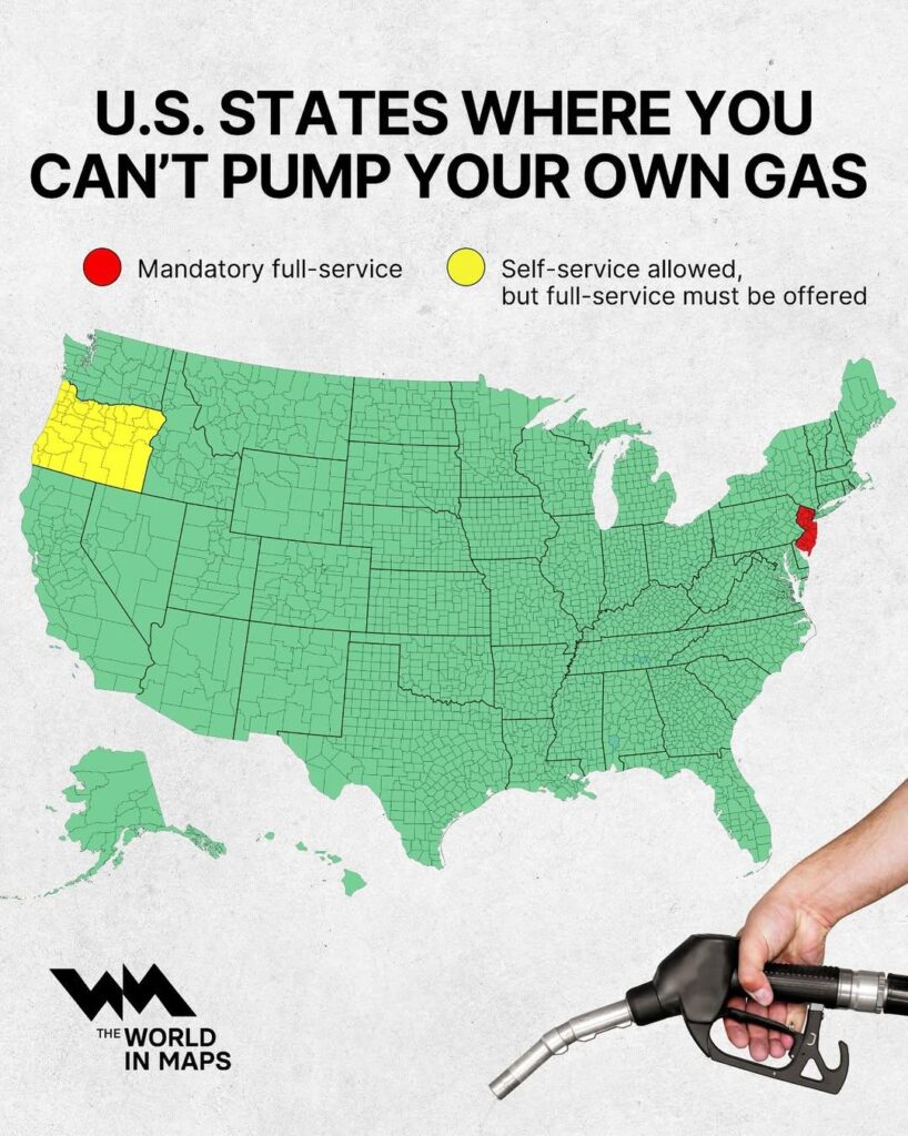 U.S. States where you can't pump your own gas