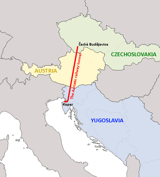 Map showing the proposed tunnel route—from České Budějovice under Austria to Koper—based on Žlábek's 1970s design.