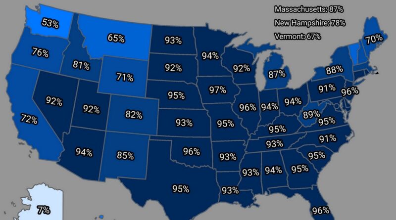 Percentage of households in U.S. with at least one air conditioner mapped