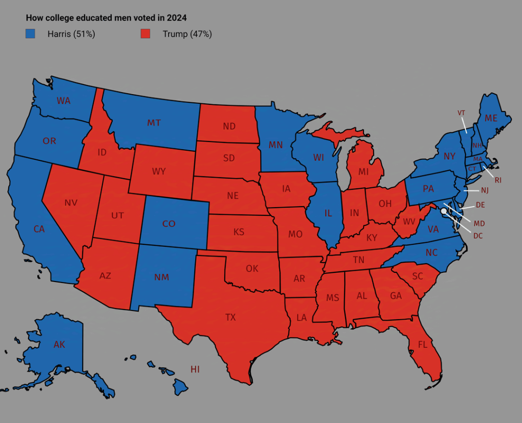 How college educated men voted in 2024 mapped
