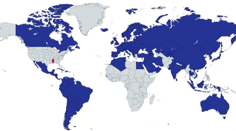 Nations with a higher life expectancy than Mississippi mapped