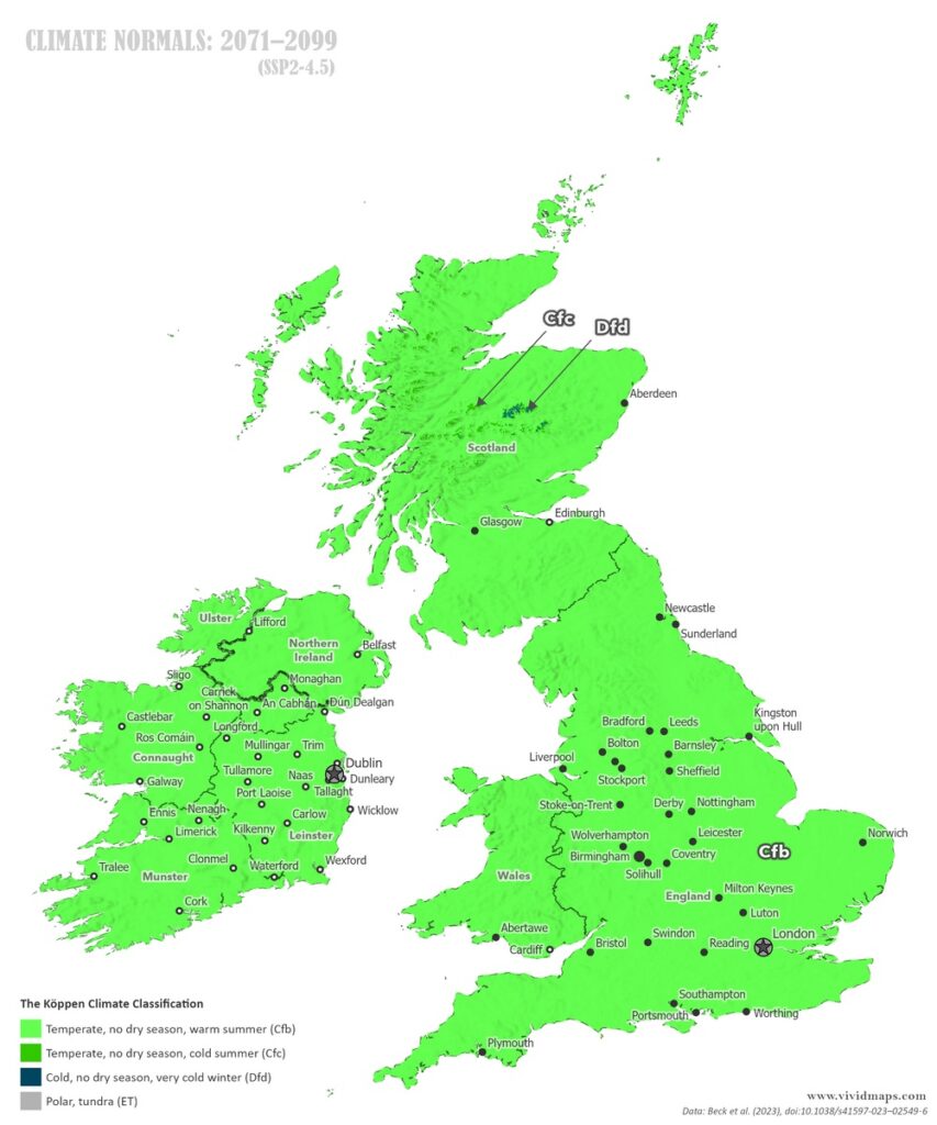 Map of the climate of the British Isles in 2099