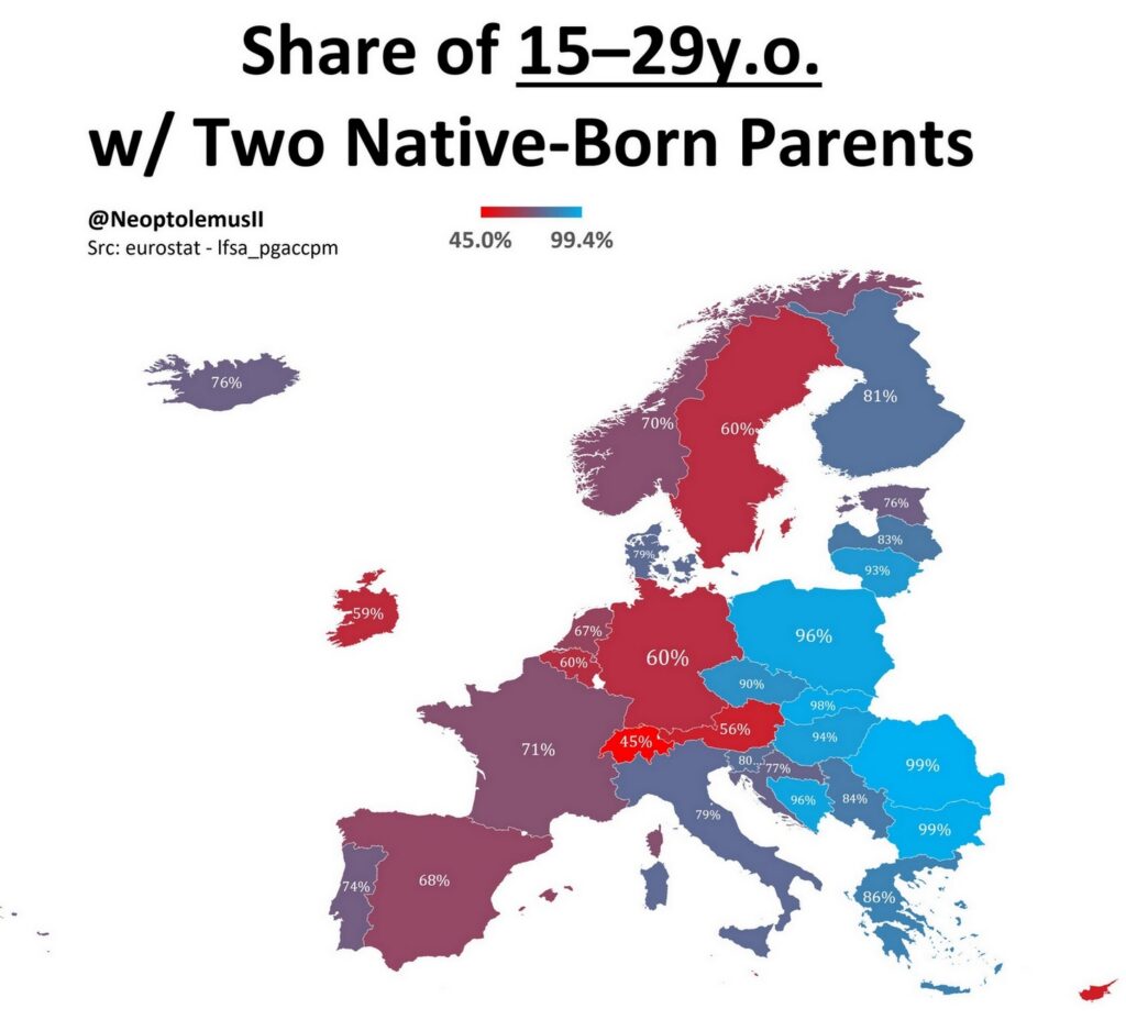 Share of 15-19 years old with two native born parents mapped