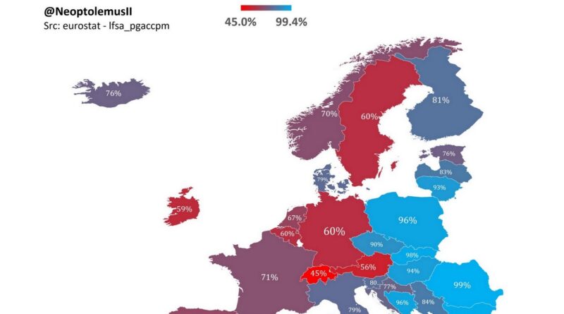 Share of 15-19 years old with two native born parents mapped