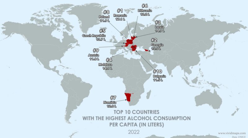 Top 10 countries with highest alcohol consumption mapped