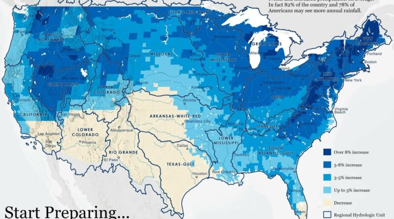 Change in annual precipitation in the United States by 2050 mapped.