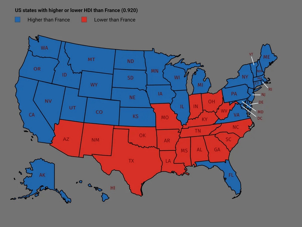 US states with Higher or Lower HDI than France mapped