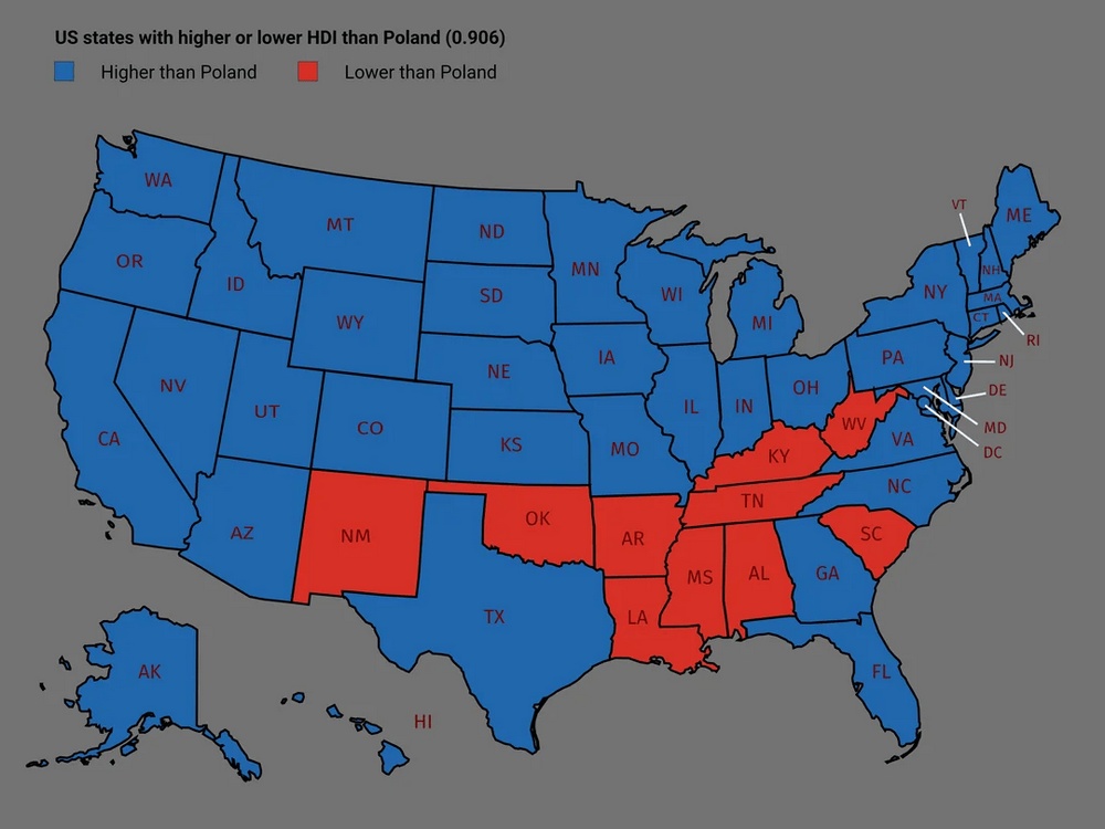 US states with Higher or Lower HDI than Poland mapped