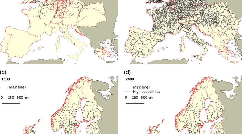 Railways and boundaries in Europe 1850 vs. 1910 vs. 1930 vs. 2000.