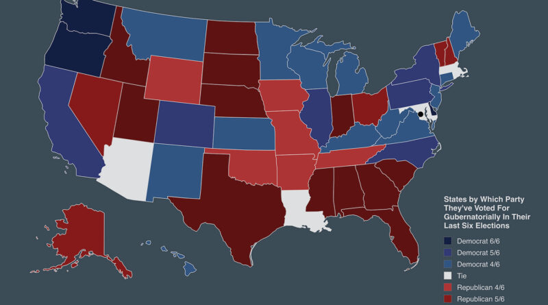 Mapped: U.S. States by Party of the Governor in Their Last Six Elections