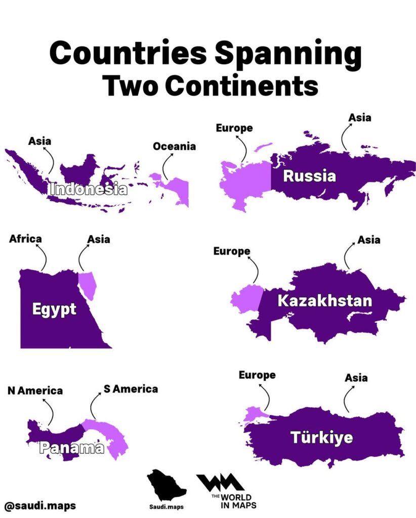 Countries that span two continents mapped
