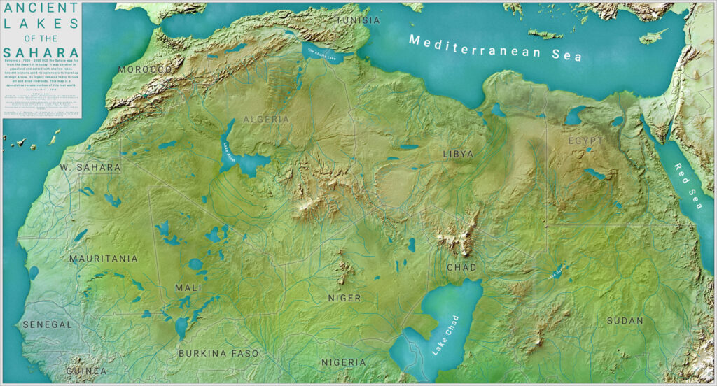 Map of Sahara 8000 years ago, at the peak of the African humid period